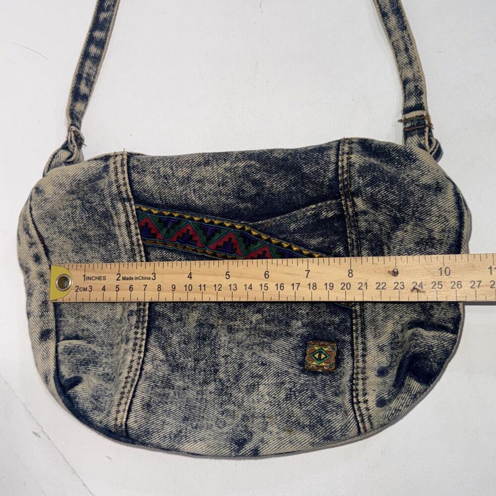 Vintage 80s 90s Denim Jean Aztec Distressed Pockets Crossbody‎ Bag Purse - Picture 6 of 14